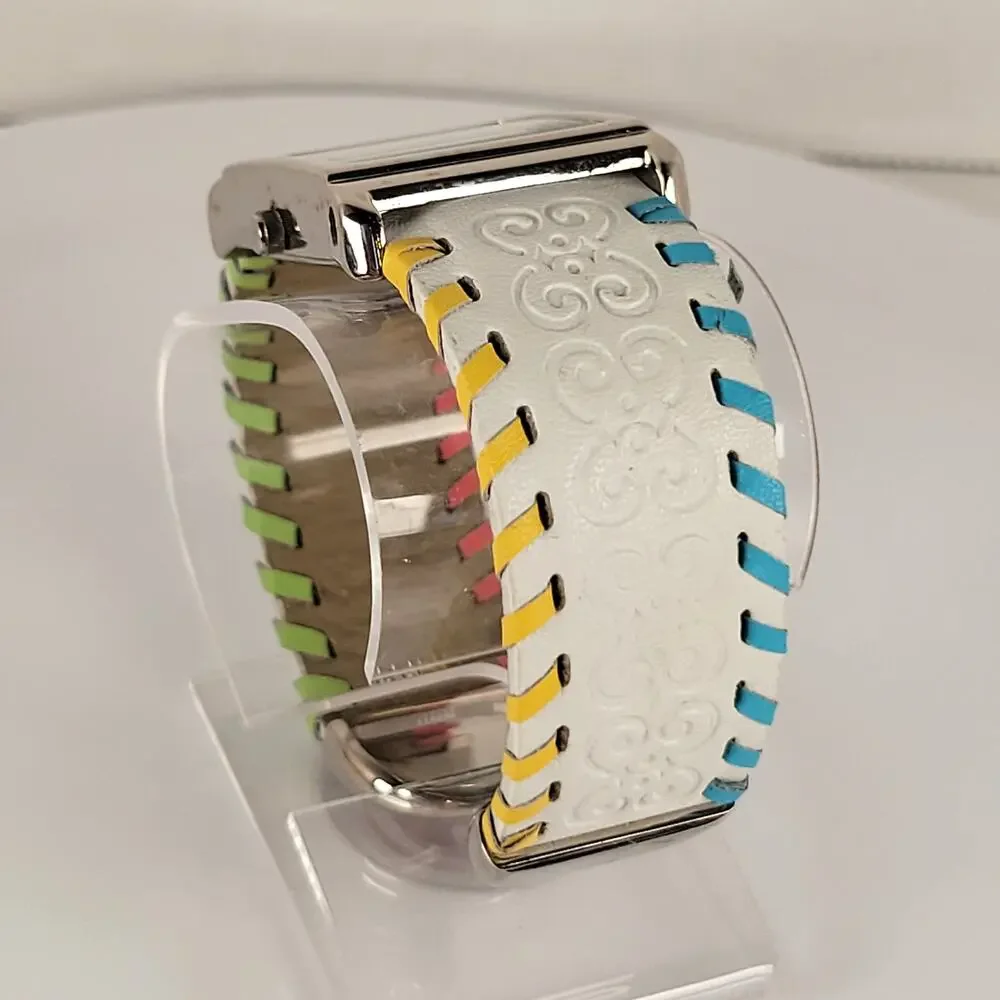 Silver Quartz Watch with Embossed Cuff White Leather Strap and Multicolor Design